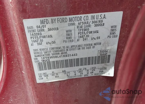 2001 Ford F-150 King Ranch Edition/Lariat/Xlt z USA, uszkodzony, nr VIN 1FTRW08L41KB31443